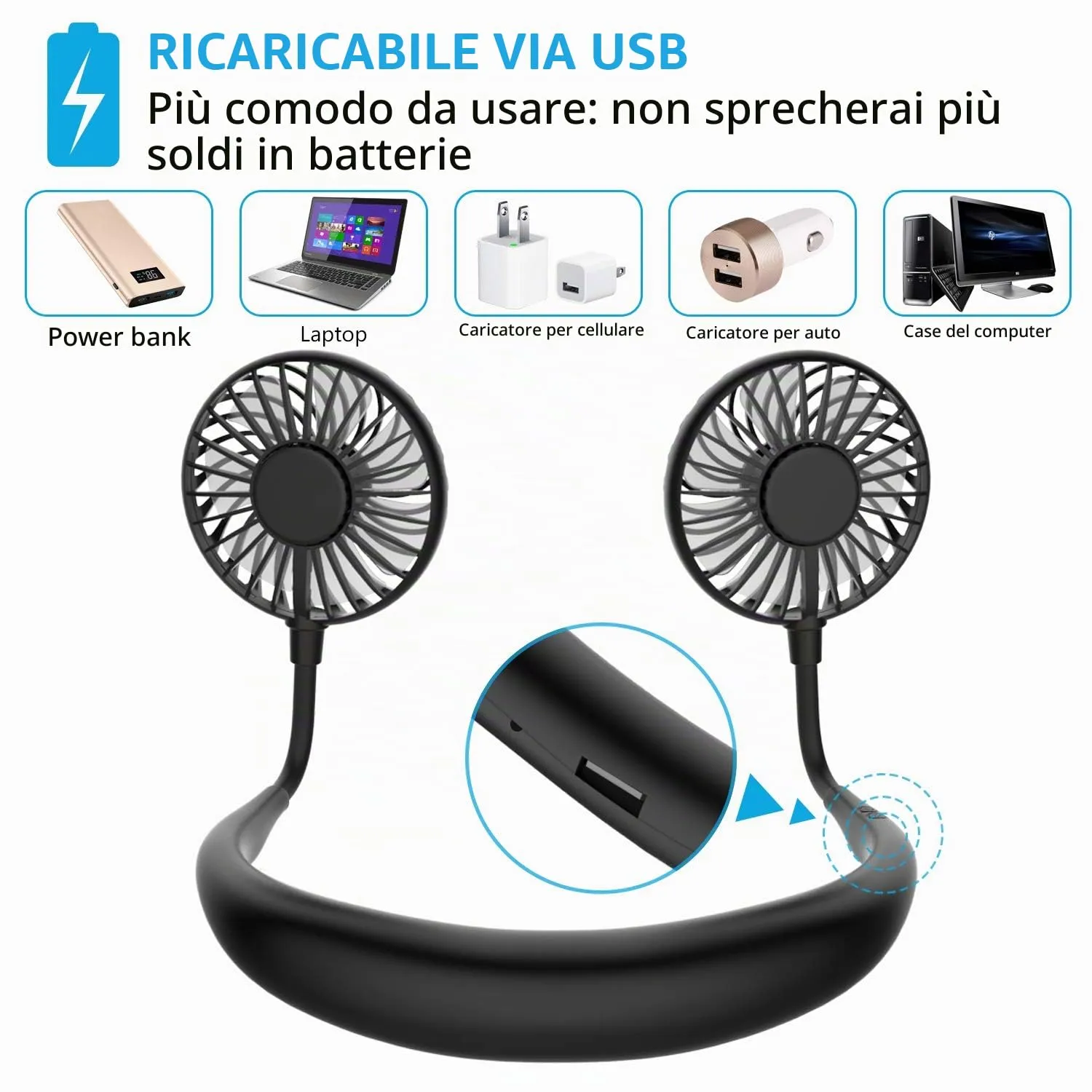 Mini ventilatore portatile da collo, mani libere, ricaricabile tramite USB, con fascia da collo, ventilatore per collana, ventilatore con doppia testa a vento, impostazioni a 3 velocità, per viaggi, - immagine 5