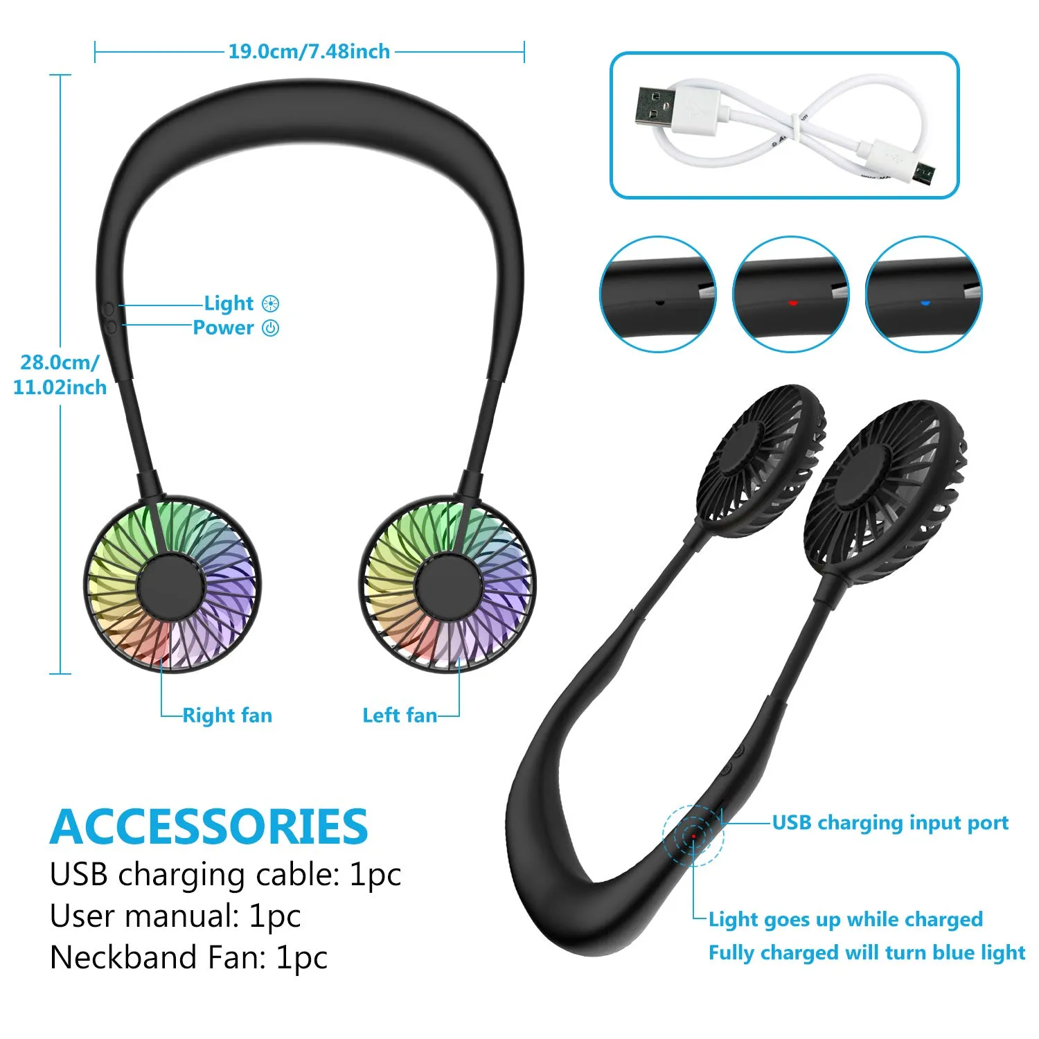 Mini ventilatore portatile da collo, mani libere, ricaricabile tramite USB, con fascia da collo, ventilatore per collana, ventilatore con doppia testa a vento, impostazioni a 3 velocità, per viaggi, - immagine 6
