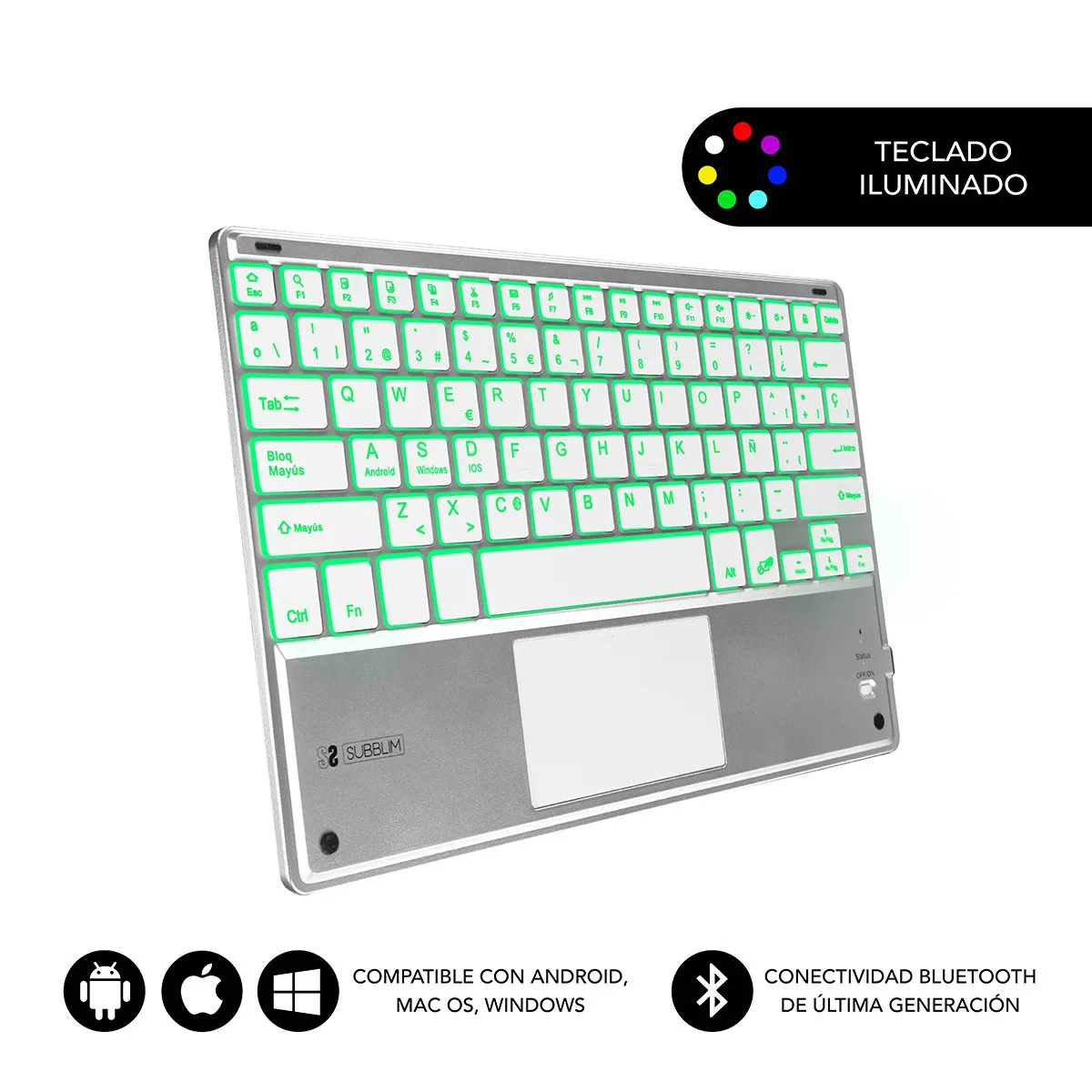 SUBBLIM TECLADO SMART BACKLIT TOUCHPAD BLUETOOTH SILVER QWERTY Spagnolo Argento Bianco - immagine 1