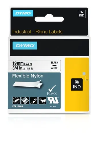 Nastro per etichette originale Dymo Rhino ID1-19 per etichettatrice - Testo nero su sfondo bianco - Larghezza 19 mm x 35 metri - 18489 - immagine 1