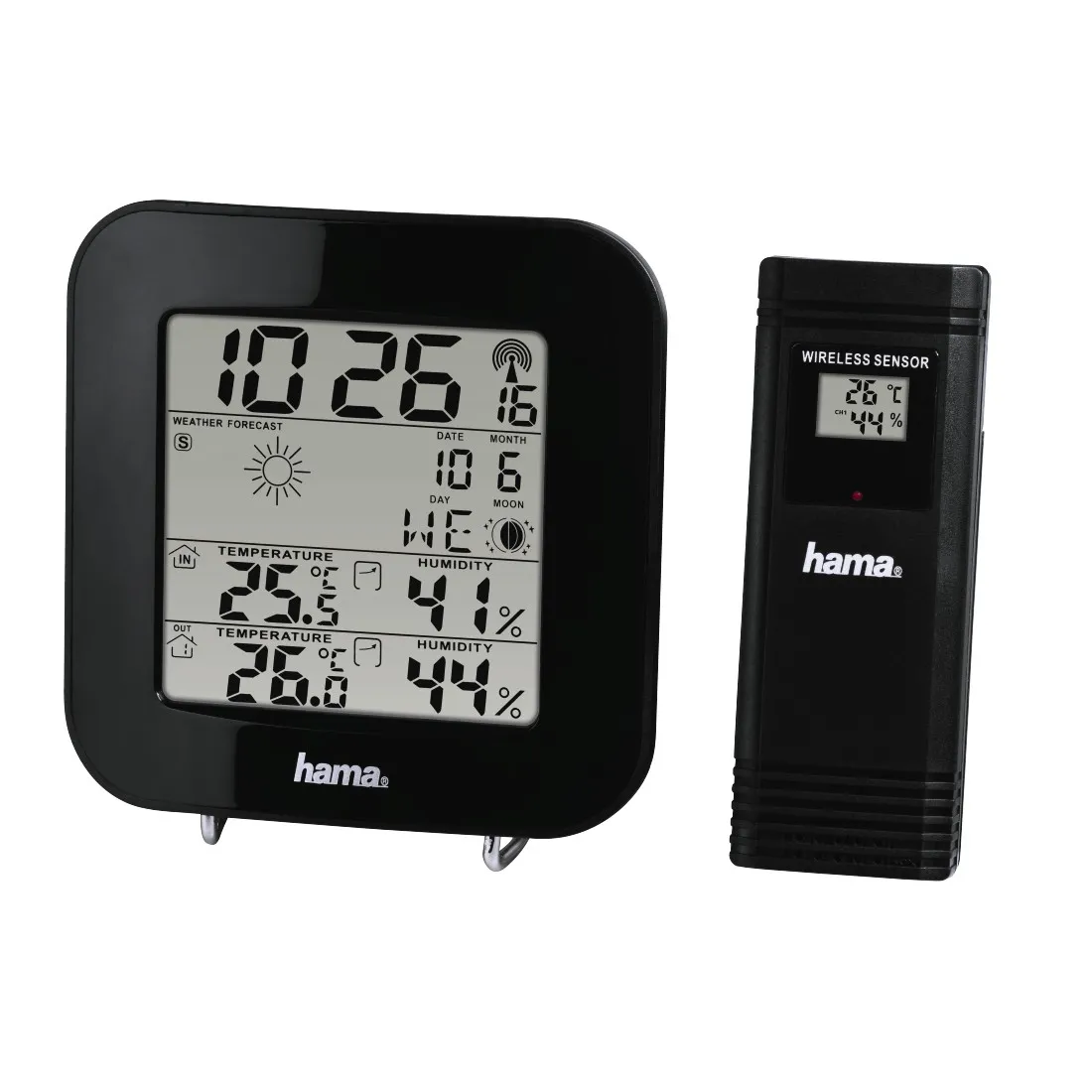 Stazione meteorologica Hama Ews-200 - Orologio - Previsioni del tempo - Sensore esterno - Radiofrequenza - Termometro - Igrometro - 11x25x11 cm - Colore nero - immagine 1