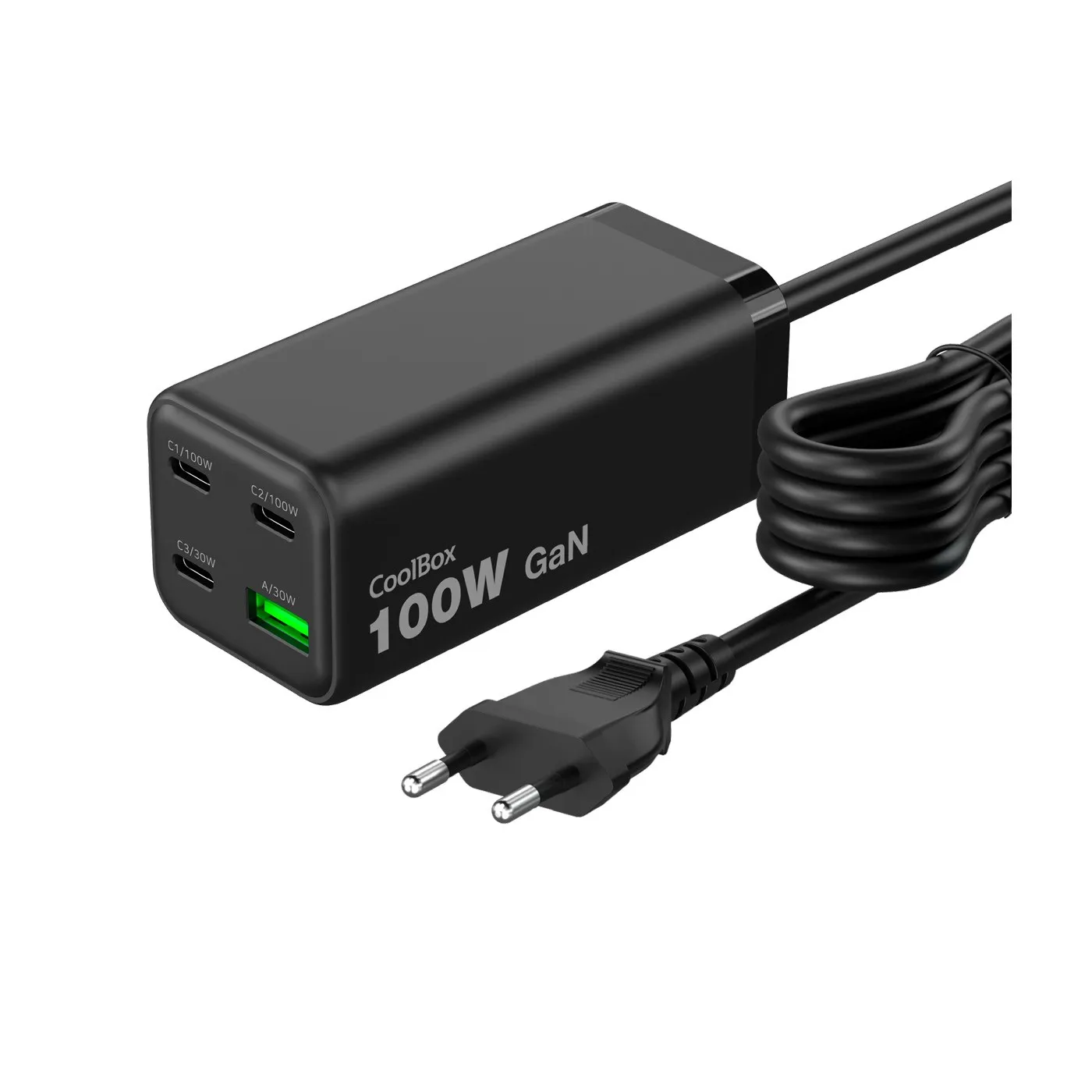 Caricabatterie CoolBox GAN 100W Chargemaster 4 PRO - 3xUSB-C - 1xUSB-A - Ricarica rapida 3.0 - Power Delivery - Cavo da 15 metri - Nero - immagine 1