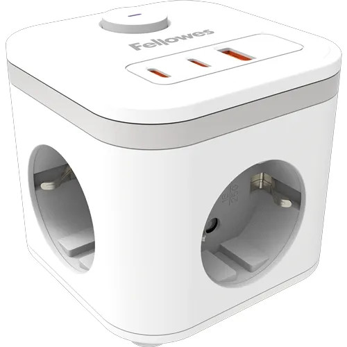 Cubo multipresa da tavolo Fellowes con 3 prese da 230 V + 2x USB-C 20 W max. - 1x USB-A 18 W max. - Cavo da 2 m - Interruttore on/off - Bianco - immagine 1