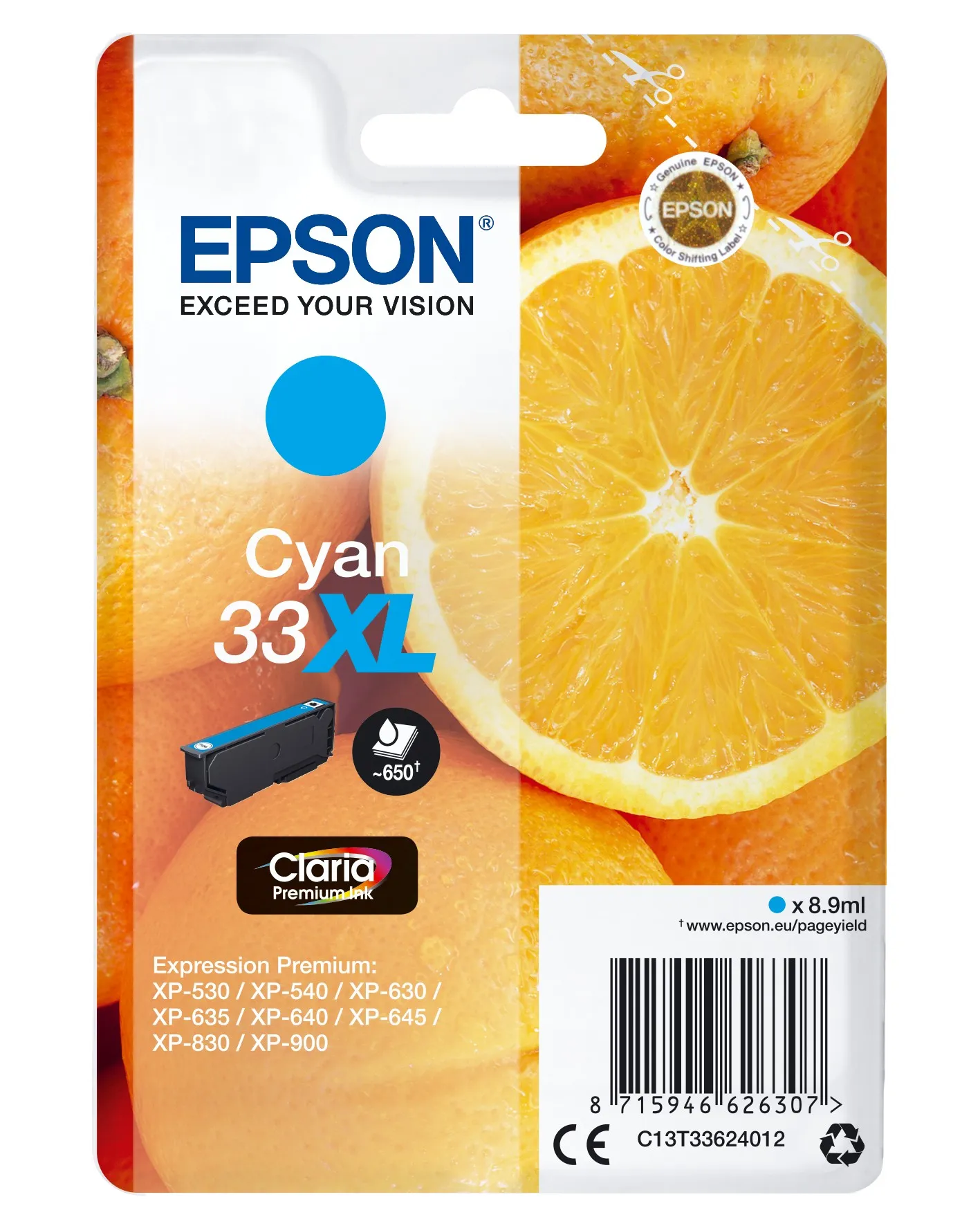 ORIGINALE Epson Cartuccia d'inchiostro ciano C13T33624012 33 XL 650 pagine XL - immagine 1
