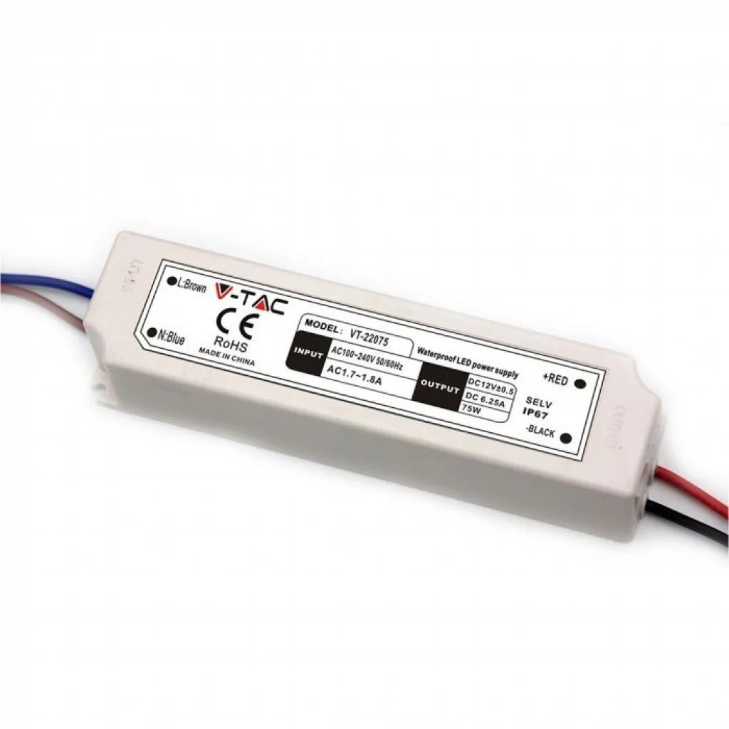 V-TAC Alimentatore in Plastica 75W 12V 6A Colore Bianco IP67 - immagine 1
