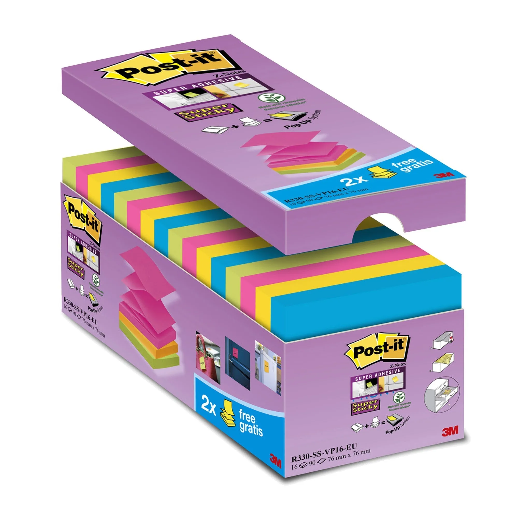 Post-It 7100234249 pouch autoadesiva Quadrato Blu Verde Rosa Giallo 90 fogli Autoadesivo - immagine 1
