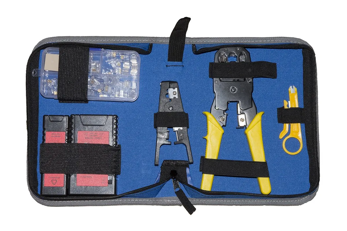 Set Attrezzi In Astuccio Con Pinza Per Connettori 4 6 8 Poli Spelafili Tester Cassettina Con Plug 6 E 8 Poli Inseritore Keystone E Tester Cavi Di Rete - immagine 1