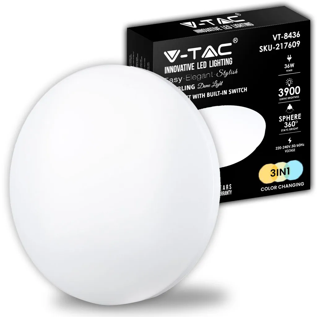 V-TAC Plafoniera LED Rotonda 36W con Interruttore Cambia Colore 3 in 1 Satinata d: 480mm h: 65mm - immagine 1