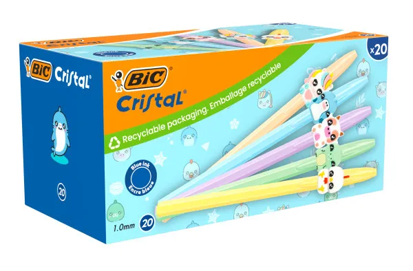 Confezione da 20 penne a sfera Bic Cristal Pastel Figurines - Corpo opaco in colori pastello con figure di animali - Punta tonda da 1 mm - Tratto da 04 mm - Inchiostro a base d'olio - Colore inchiostro blu - immagine 1