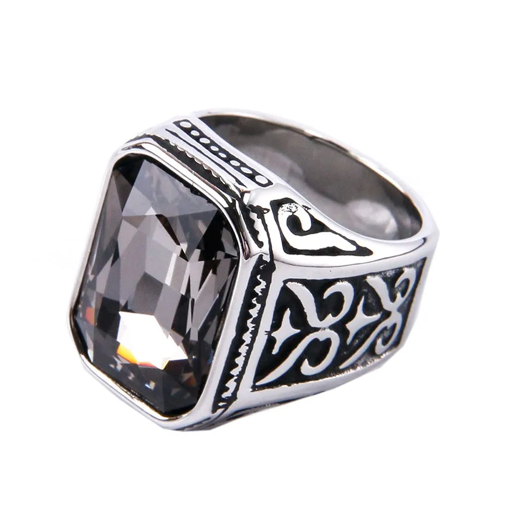 PAURO Uomo Anello da Sposa Vintage in Acciaio Inossidabile Pregiato con Smeraldo e Grande Pietra d'Argento Nero Grigio Taglia 19 - immagine 1
