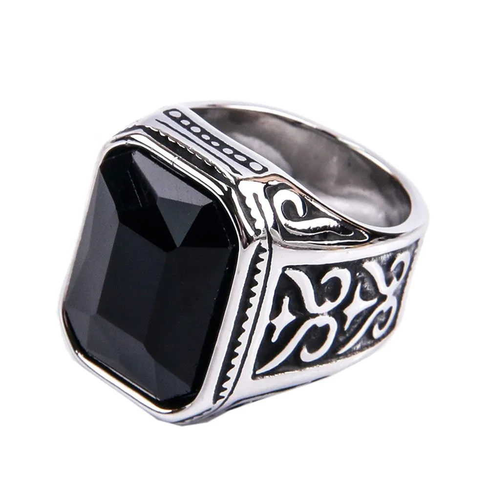 PAURO Uomo Anello da Sposa Vintage in Acciaio Inossidabile Pregiato con Smeraldo e Grande Pietra d'Argento Nero Nero Taglia 19 - immagine 1