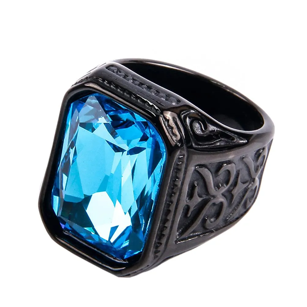 PAURO Uomo Anello da Sposa Vintage in Acciaio Inossidabile Pregiato con Smeraldo e Grande Pietra Nero Lago Blu Taglia 17 - immagine 1