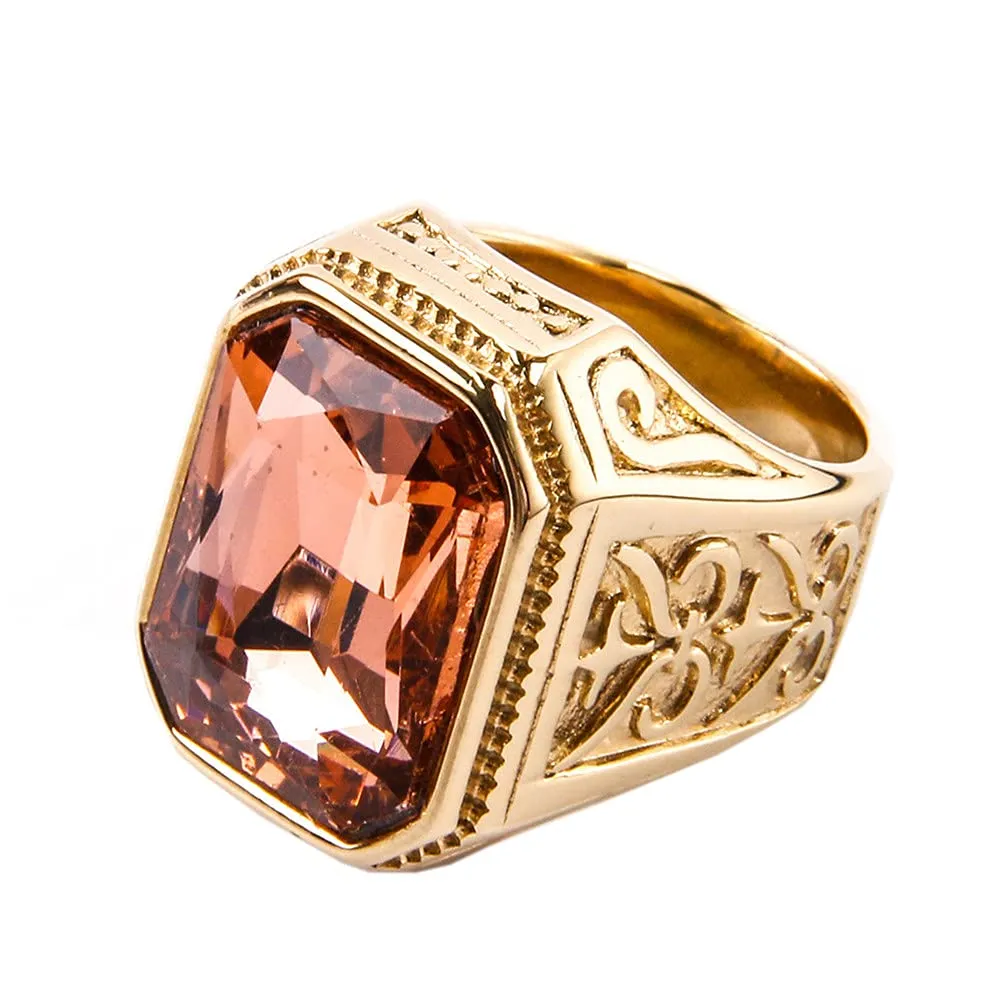 PAURO Uomo Anello da Sposa Vintage in Acciaio Inossidabile Pregiato con Smeraldo e Grande Pietra Oro Leggero Arancia Taglia 17 - immagine 1