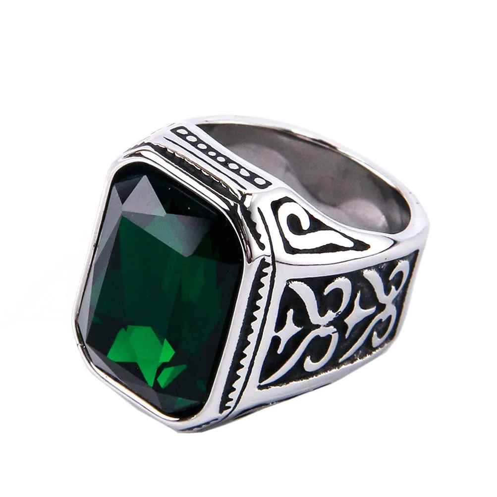 PAURO Uomo Anello da Sposa Vintage in Acciaio Inossidabile Pregiato con Smeraldo e Grande Pietra d'Argento Nero Verde Taglia 22 - immagine 1