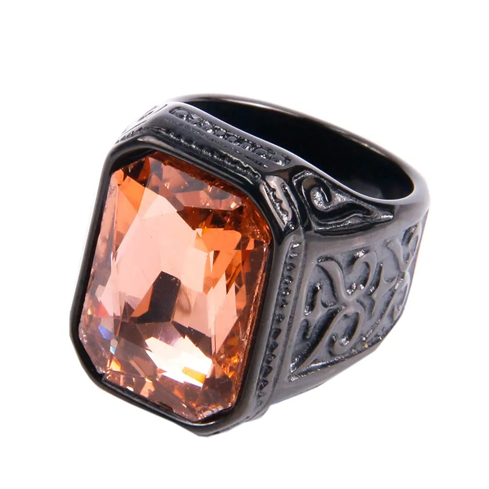 PAURO Uomo Anello da Sposa Vintage in Acciaio Inossidabile Pregiato con Smeraldo e Grande Pietra Nero Leggero Arancia Taglia 25 - immagine 1