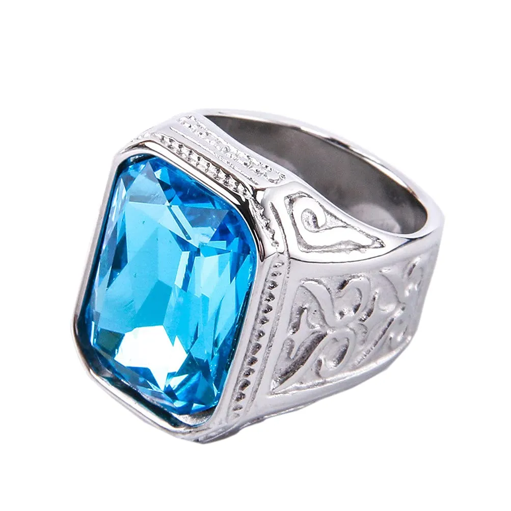 PAURO Uomo Anello da Sposa Vintage in Acciaio Inossidabile Pregiato con Smeraldo e Grande Pietra d'Argento Lago Blu Taglia 25 - immagine 1
