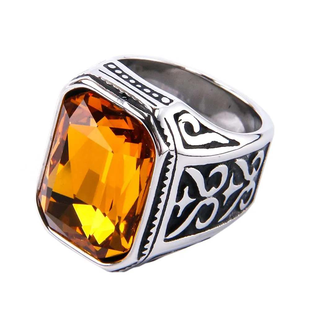 PAURO Uomo Anello da Sposa Vintage in Acciaio Inossidabile Pregiato con Smeraldo e Grande Pietra d'Argento Nero Arancia Taglia 22 - immagine 1