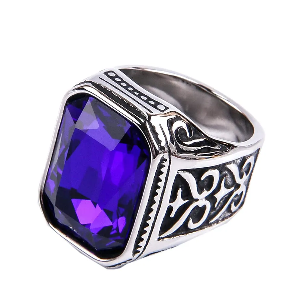 PAURO Uomo Anello da Sposa Vintage in Acciaio Inossidabile Pregiato con Smeraldo e Grande Pietra d'Argento Nero Blu Taglia 25 - immagine 1
