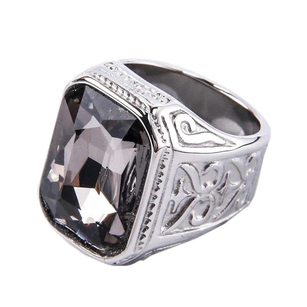 PAURO Uomo Anello da Sposa Vintage in Acciaio Inossidabile Pregiato con Smeraldo e Grande Pietra D'argento Grigio Taglia 29 - immagine 1