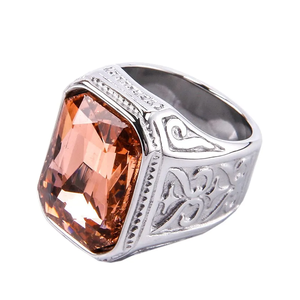 PAURO Uomo Anello da Sposa Vintage in Acciaio Inossidabile Pregiato con Smeraldo e Grande Pietra d'Argento Leggero Arancia Taglia 19 - immagine 1