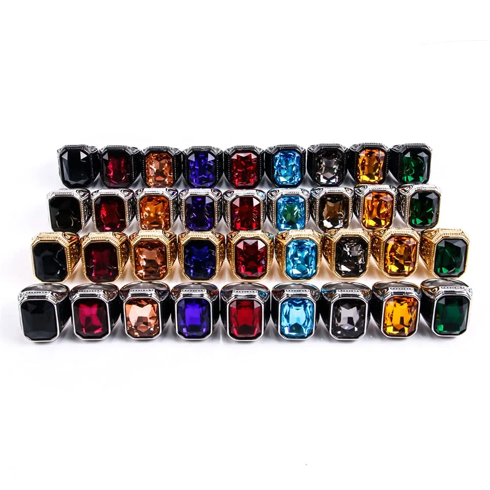 PAURO Uomo Anello da Sposa Vintage in Acciaio Inossidabile Pregiato con Smeraldo e Grande Pietra d'Argento Nero Rosso Taglia 19 - immagine 2