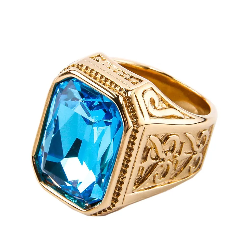 PAURO Uomo Anello da Sposa Vintage in Acciaio Inossidabile Pregiato con Smeraldo e Grande Pietra Oro Lago Blu Taglia 19 - immagine 1