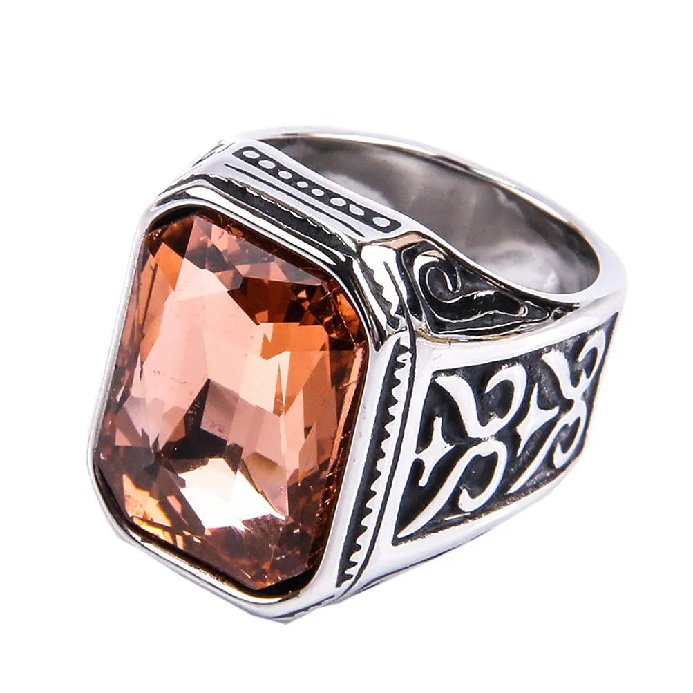 PAURO Uomo Anello da Sposa Vintage in Acciaio Inossidabile Pregiato con Smeraldo e Grande Pietra d'Argento Nero Leggero Arancia Taglia 22 - immagine 1