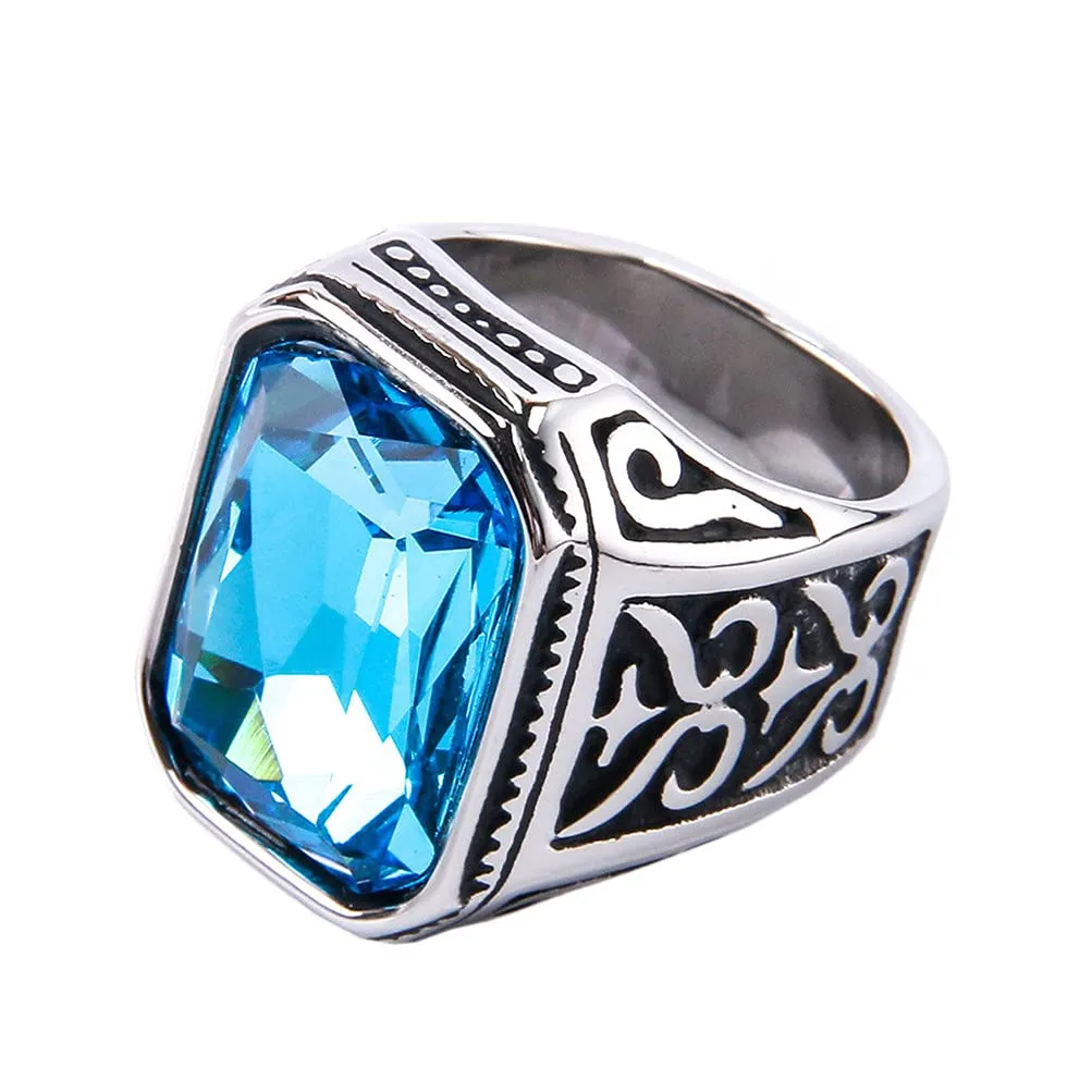 PAURO Uomo Anello da Sposa Vintage in Acciaio Inossidabile Pregiato con Smeraldo e Grande Pietra d'Argento Nero Lago Blu Taglia 17 - immagine 1