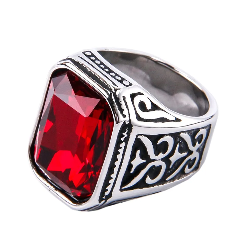 PAURO Uomo Anello da Sposa Vintage in Acciaio Inossidabile Pregiato con Smeraldo e Grande Pietra d'Argento Nero Rosso Taglia 14 - immagine 1