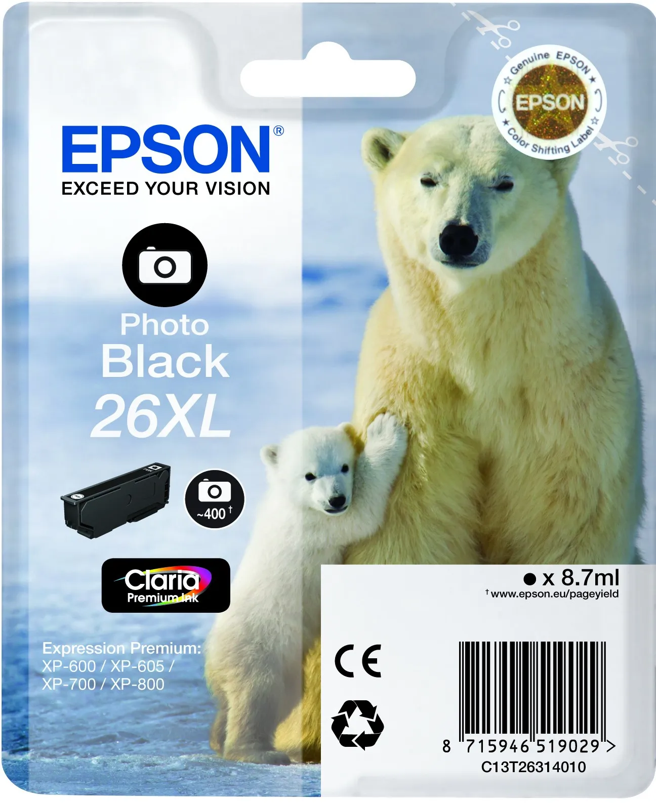 ORIGINALE Epson Cartuccia d'inchiostro Nero (Foto) C13T26314010 26 XL 400 pagine 87ml Cartucce XL foto black - immagine 1