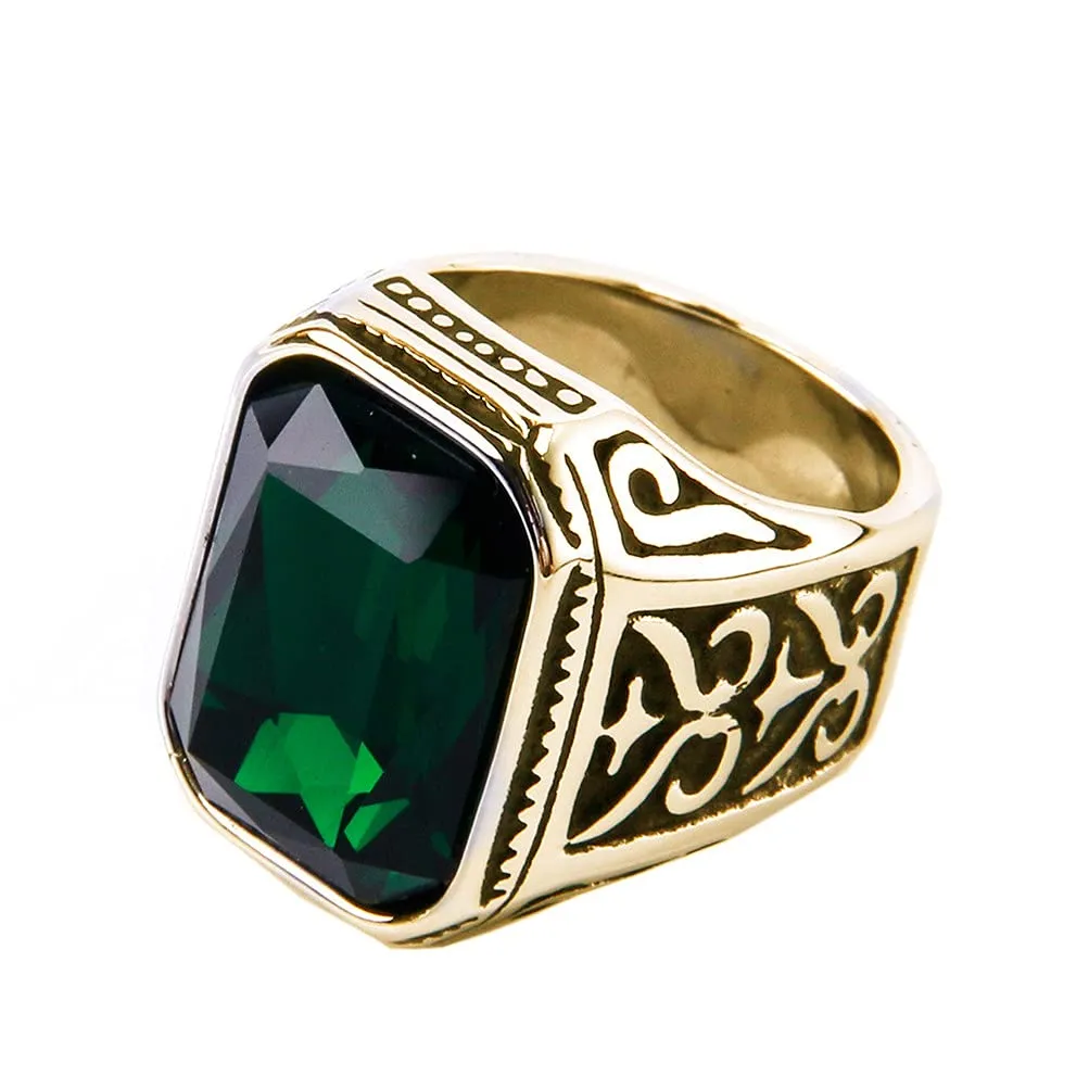 PAURO Uomo Anello da Sposa Vintage in Acciaio Inossidabile Pregiato con Smeraldo e Grande Pietra Oro Nero Verde Taglia 25 - immagine 1