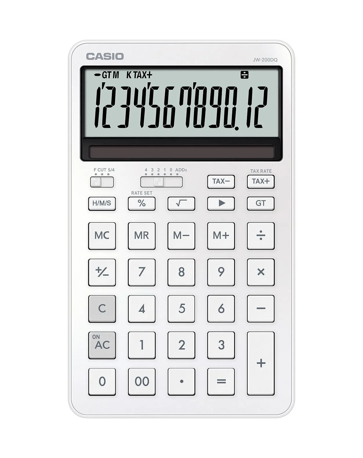 Calcolatrice da tavolo compatta Casio JW-200DQ con display LCD a 12 cifre - Calcola tasse percentuali radici quadrate ecc. - Alimentazione solare e a batteria - Bianca - immagine 1