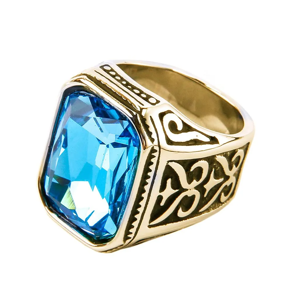 PAURO Uomo Anello da Sposa Vintage in Acciaio Inossidabile Pregiato con Smeraldo e Grande Pietra Oro Nero Lago Blu Taglia 17 - immagine 1