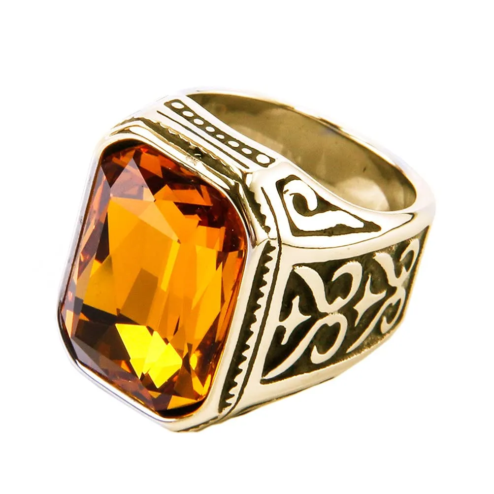PAURO Uomo Anello da Sposa Vintage in Acciaio Inossidabile Pregiato con Smeraldo e Grande Pietra Oro Nero Arancia Taglia 29 - immagine 1