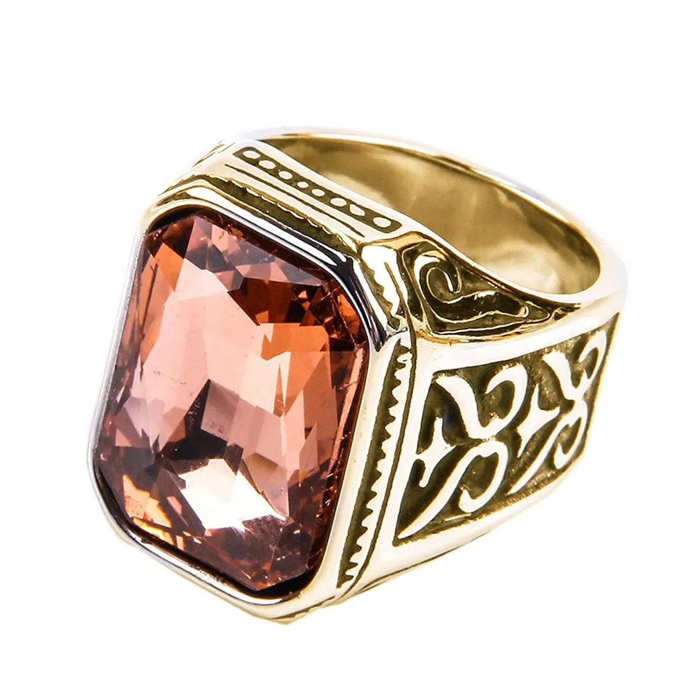 PAURO Uomo Anello da Sposa Vintage in Acciaio Inossidabile Pregiato con Smeraldo e Grande Pietra Oro Nero Leggero Arancia Taglia 29 - immagine 1