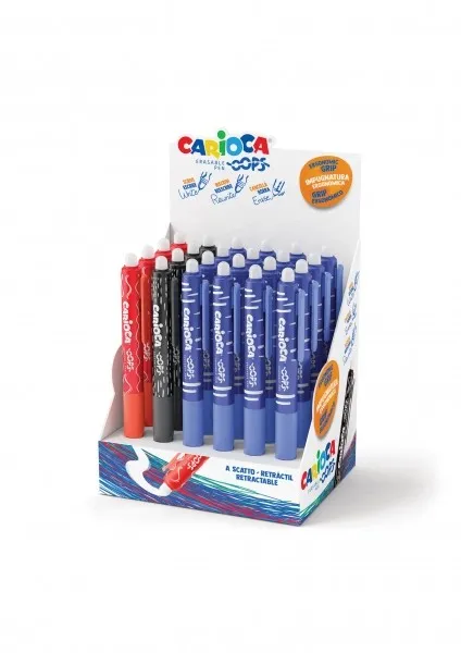 Carioca Oops Expositor de 24 Boligrafos Borrables Retractiles - Tinta Termo Sensible - Empu?adura Ergonomica Triangular - Punta de ? 0.7mm - Doble Goma - Recambios Compatibles - Colores Surtidos - immagine 1
