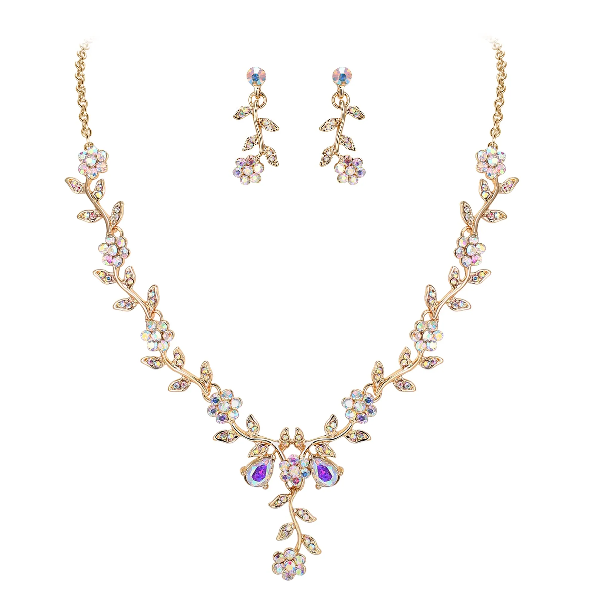 Clearine Matrimonio Gioielli Set Foglia Cluster Fiore Cristalli Ciondolo Collana Orecchini Pendenti per Sposa Iridescente AB Oro-Fondo - immagine 1