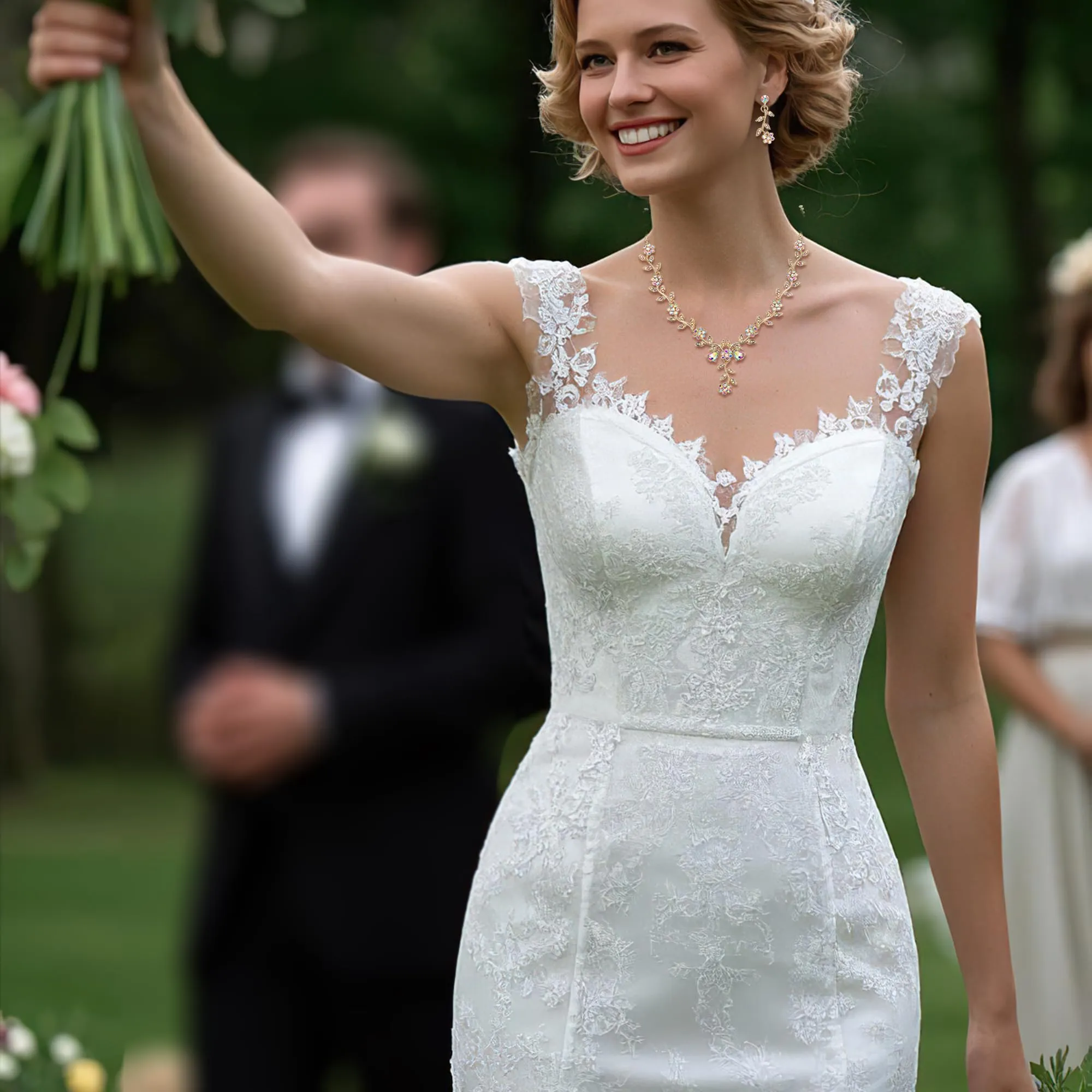 Clearine Matrimonio Gioielli Set Foglia Cluster Fiore Cristalli Ciondolo Collana Orecchini Pendenti per Sposa Iridescente AB Oro-Fondo - immagine 3