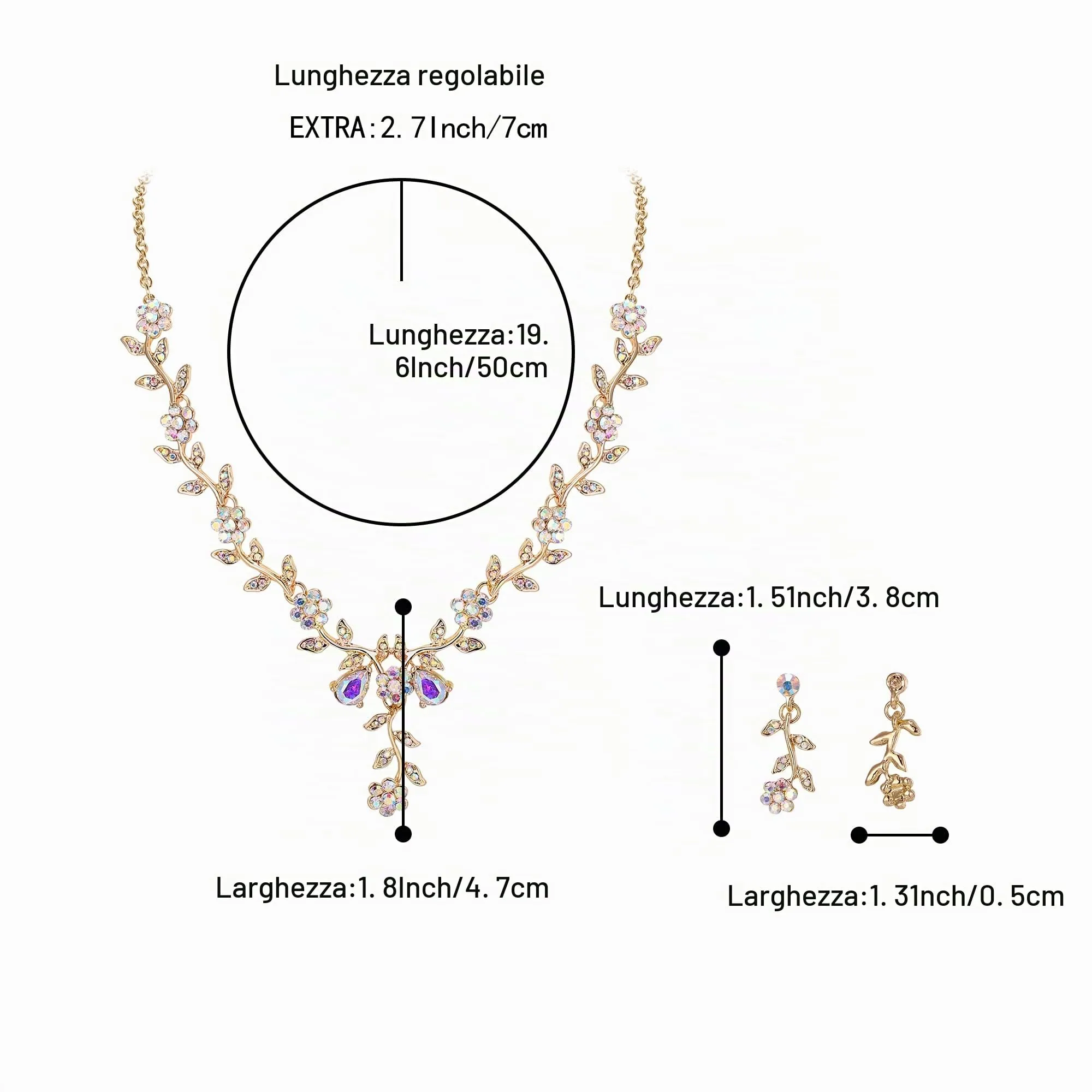 Clearine Matrimonio Gioielli Set Foglia Cluster Fiore Cristalli Ciondolo Collana Orecchini Pendenti per Sposa Iridescente AB Oro-Fondo - immagine 5