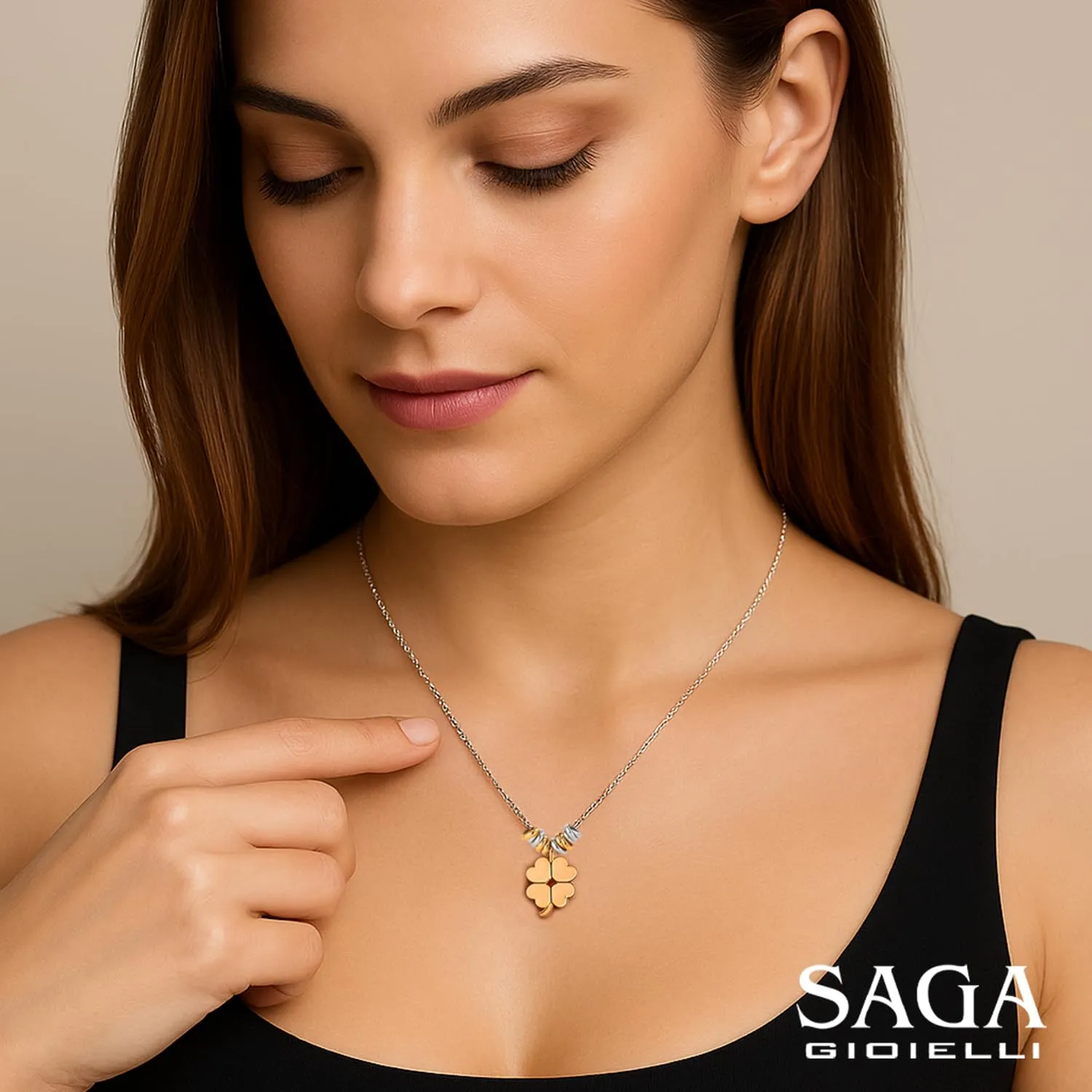 SAGA GIOIELLI® COLLANA DONNA QUADRIFOGLIO PORTAFORTUNA ACCIAIO - immagine 2
