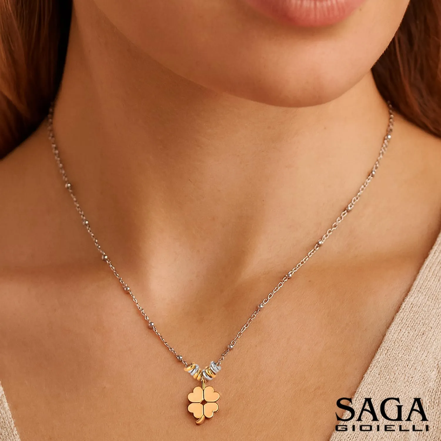 SAGA GIOIELLI® COLLANA DONNA QUADRIFOGLIO PORTAFORTUNA ACCIAIO - immagine 7