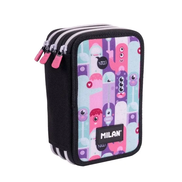 Astuccio a tre scomparti Milan Aliens 2 con gomma temperino matita 3 penne righello 12 matite colorate 6 matite colorate metallizzate 5 matite fluorescenti forbici e 18 pennarelli - 195x13x75 cm - Rosa - immagine 1