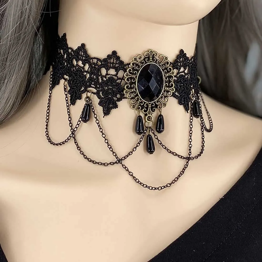 Carufin Collane con girocollo in pizzo nero sexy Collane con nappa gotica Girocollo Accessori per feste di Halloween per donne e ragazze (Collana 1) - immagine 2