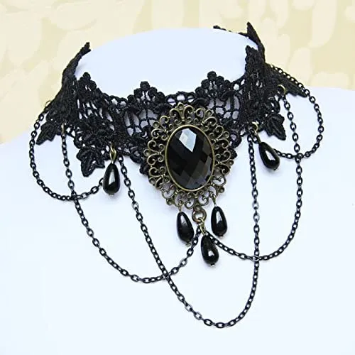 Carufin Collane con girocollo in pizzo nero sexy Collane con nappa gotica Girocollo Accessori per feste di Halloween per donne e ragazze (Collana 1) - immagine 3