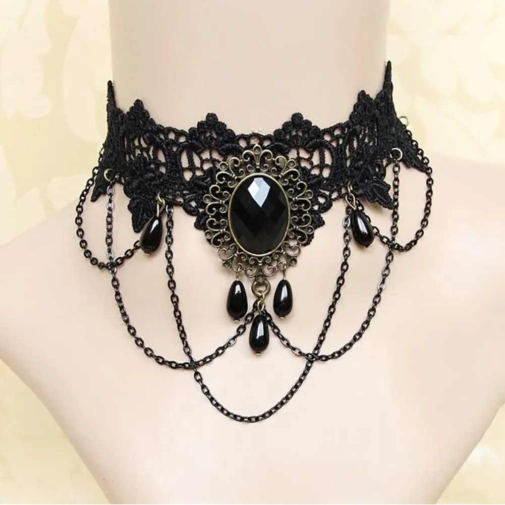 Carufin Collane con girocollo in pizzo nero sexy Collane con nappa gotica Girocollo Accessori per feste di Halloween per donne e ragazze (Collana 1) - immagine 5