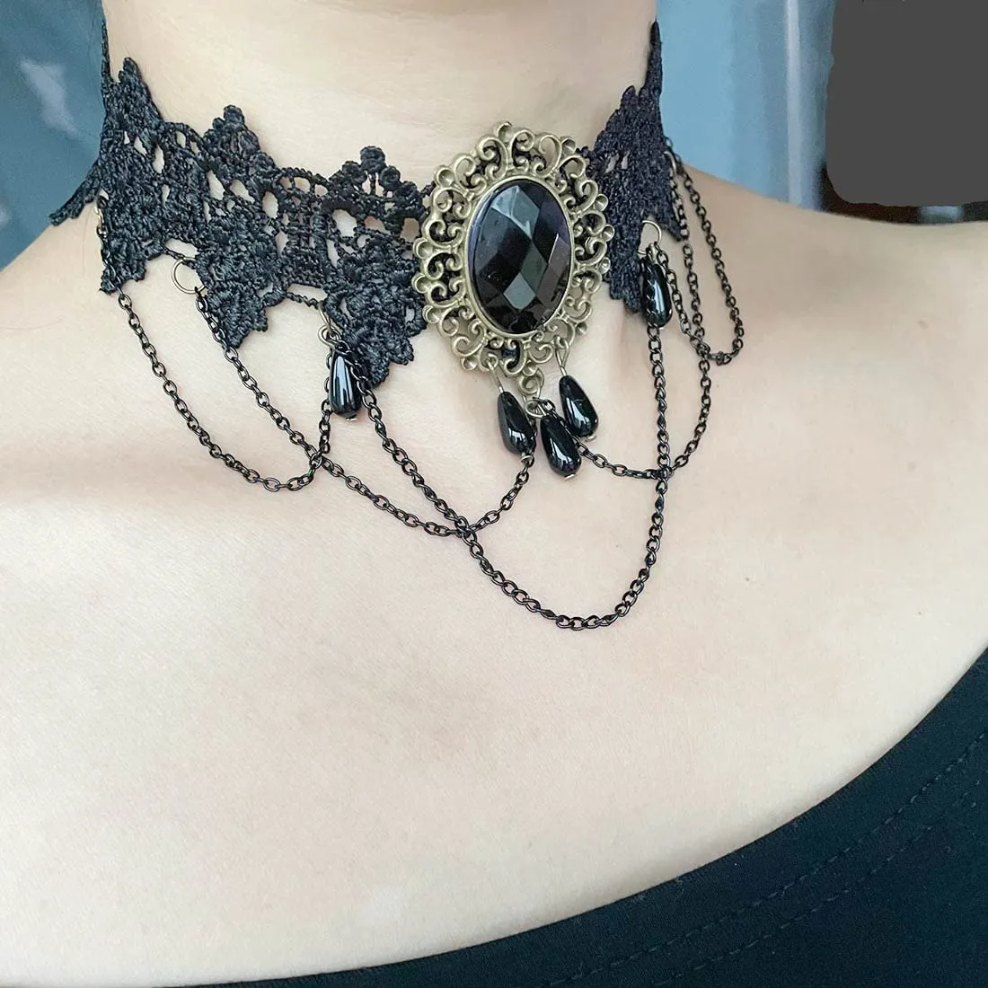 Carufin Collane con girocollo in pizzo nero sexy Collane con nappa gotica Girocollo Accessori per feste di Halloween per donne e ragazze (Collana 1) - immagine 6