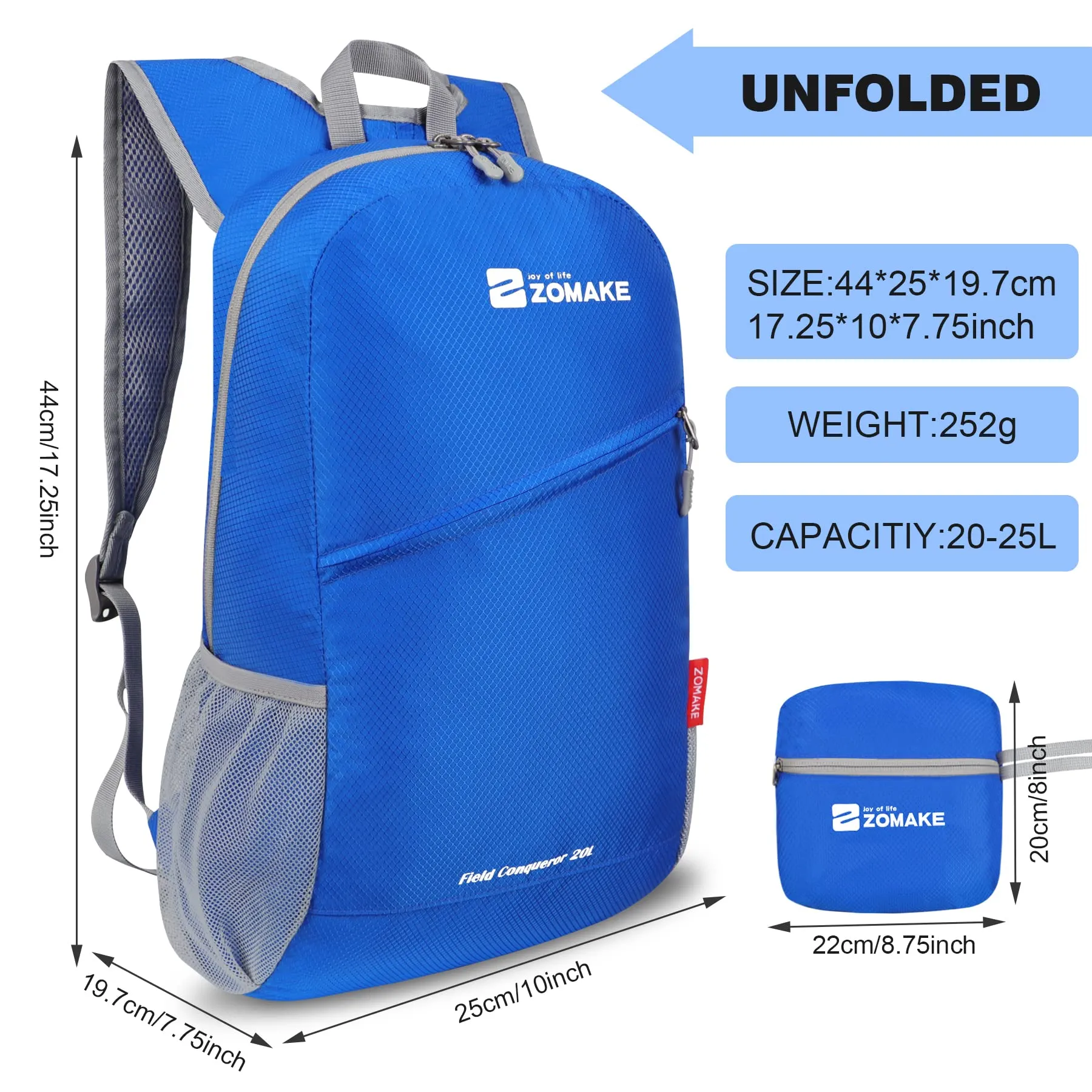 ZOMAKE Zaino Pieghevole Ultraleggero, Zainetto Leggero Ripiegabile da Viaggio 20L, Backpack Richiudibile Salvaspazio Tascabile Piccolo Trekking per Uomo Donna (Blu Scuro) - immagine 2