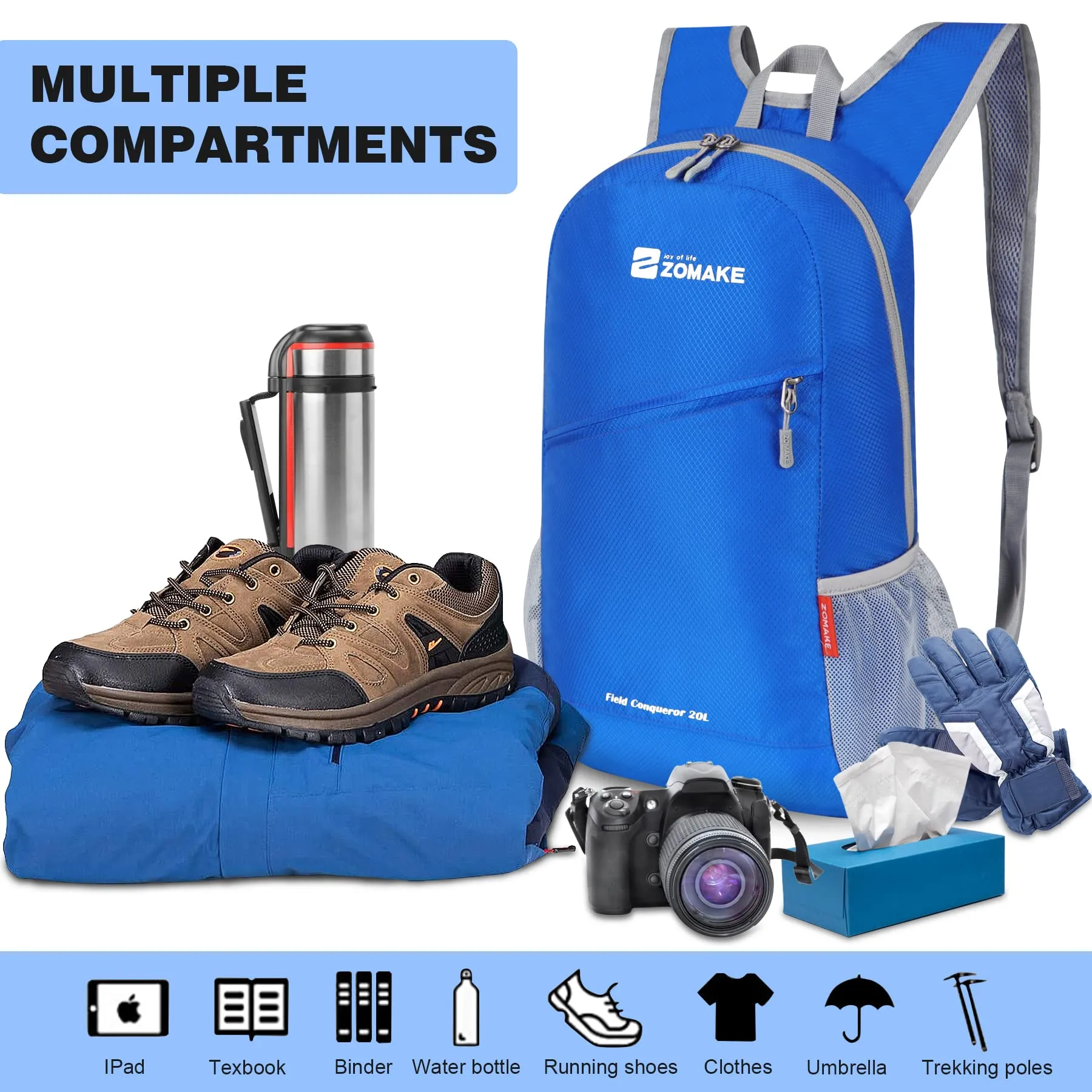 ZOMAKE Zaino Pieghevole Ultraleggero, Zainetto Leggero Ripiegabile da Viaggio 20L, Backpack Richiudibile Salvaspazio Tascabile Piccolo Trekking per Uomo Donna (Blu Scuro) - immagine 3
