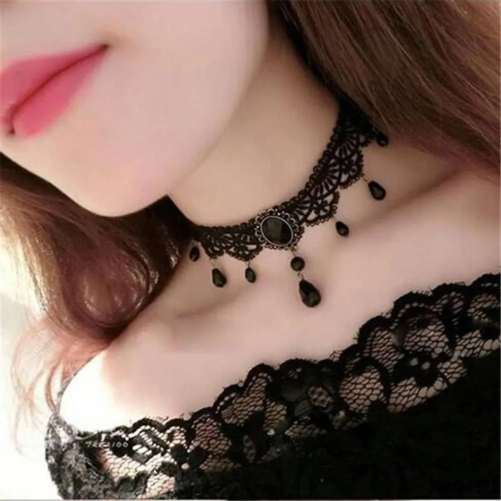 Carufin Collane con girocollo in pizzo nero sexy Collane con nappa gotica Girocollo Accessori per feste di Halloween per donne e ragazze (Collana 5) - immagine 8
