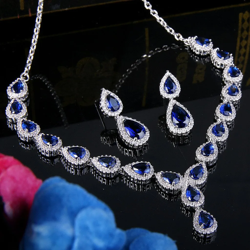 Clearine Donna Parure gioielli Boho elegante Zirconia cubica Lacrime infinito Figura 8 Y-collana ciondola gli orecchini Set zaffiro Colore - immagine 4